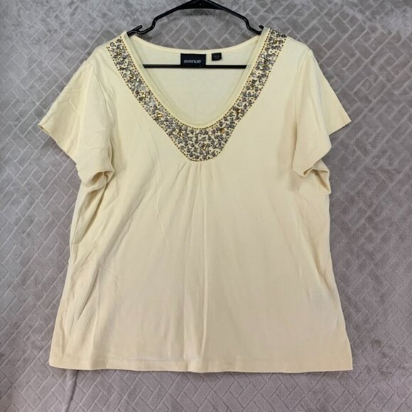 Avenue Tops - Avenue Womans 14/16 Top T Shirt Light Yellow Beaded Short Sleeve V Neck